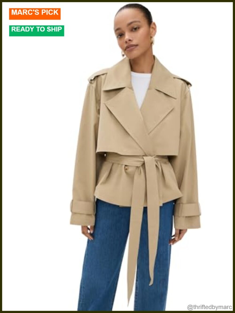 Women's Liz Cropped Trench Coat Relaxed Fit Notch Collar Waist Tie Belt